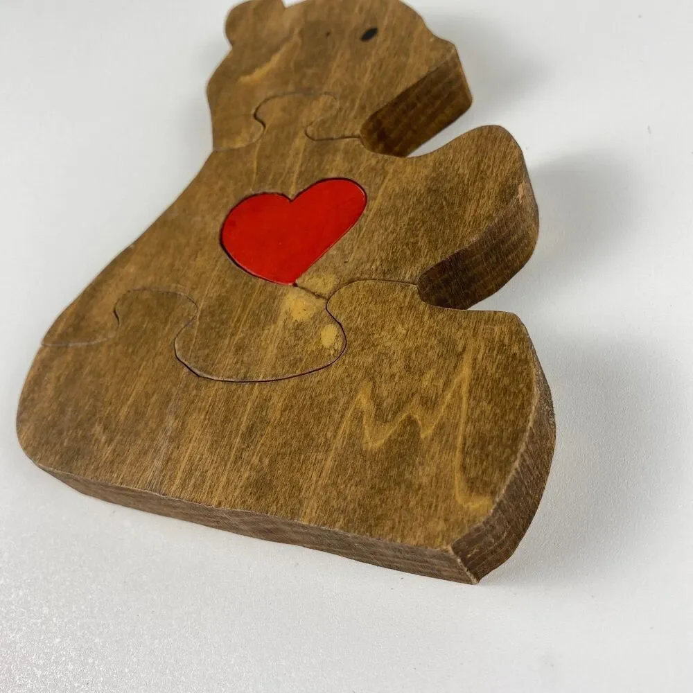 VTG Handmade Stained Wooden Bear Jigsaw Puzzle Figurine Retro Decor 7